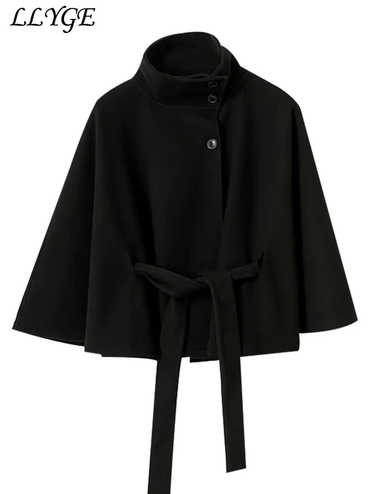 Elegant Women's Belt Short Woolen Coats Loose Stand Collar Single-breasted Long Sleeve Jacket 2026 Autumn Lady Commute Outwear