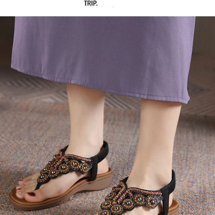 New 2026 Women's Summer Bohemian Style Sandals, Flip-Flop Design with Beaded and Rhinestone Buckle, Elastic Heel Strap, Comfortable Everyday Shoes