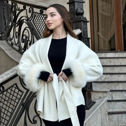 Retro Black Fur Patchwork Woolen Coat Women Chic Full Sleeve V-neck Lace Up Loose Long Overcoat 2025 Lady Winter Commute Outwear