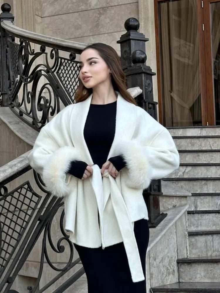 Retro Black Fur Patchwork Woolen Coat Women Chic Full Sleeve V-neck Lace Up Loose Long Overcoat 2025 Lady Winter Commute Outwear