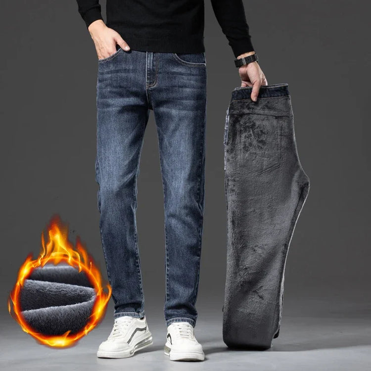 2026 New Winter Classic Brand Business Casual Velvet Plush Trousers Men Fleece Jeans Slim Straight Thicken Stretch Denim Pants