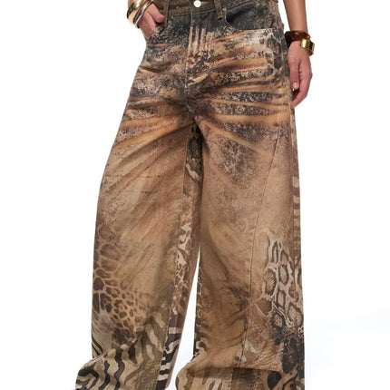 Jeans Larghi da Donna Stile Retrò Americano Y2K 2026 con Stampa Leopardata 3D, Pantaloni a Gamba Larga Vestibilità Comoda