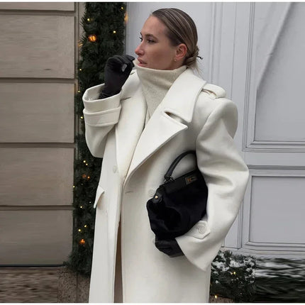 Fashion Solid Women's Wool Coat Lapel Double Breasted Button Long Sleeves Loose Coat Chic 2026 Autumn Winter New Street Wear