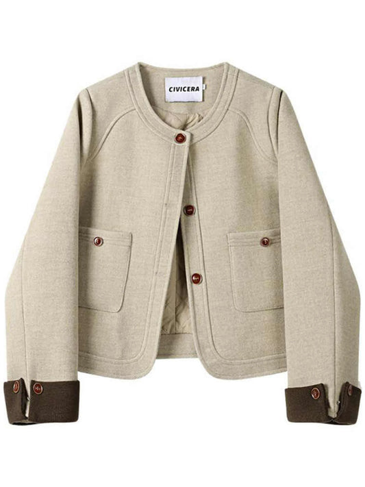 Women Khaki Cropped Autumn Jacket Coat Harajuku Long Sleeve Woolen Jacket Vintage Oversize Outerwear 2000s Fashion Clothes 2025