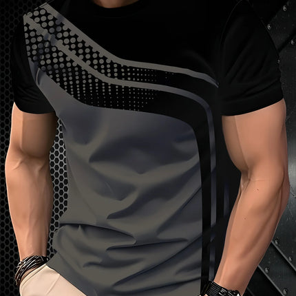 Men's Fashion Digital Print Short Sleeve T-Shirt in Black and Grey Stripes - Breathable Short Sleeve T-Shirt in Breathable Polyester