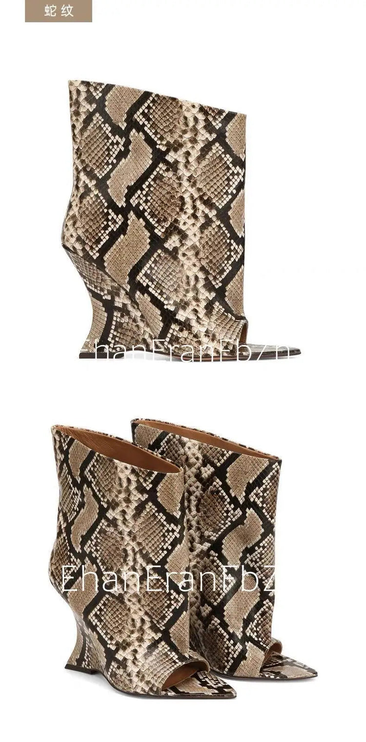 2025Ladies' Spring and Summer New Fish Mouth Slope High Heel Knee Boots, Fashionable Pointed Fashion Show Medium Cool Boots PlatiNum