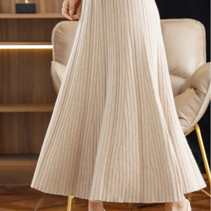 Elegant Women's Pleated Skirt 100% Merino Wool Skirt A-Line Long Skirt Soft Warm Autumn Winter Dress Slim Elastic Waist Office PlatiNum