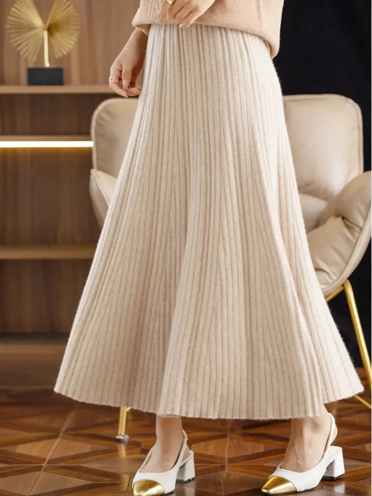 Elegant Women's Pleated Skirt 100% Merino Wool Skirt A-Line Long Skirt Soft Warm Autumn Winter Dress Slim Elastic Waist Office PlatiNum