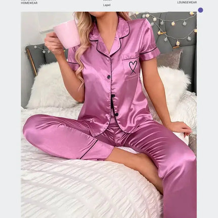 Lussuoso pigiama in raso per donna 2 pezzi pigiama Set tasca cuore ricama pigiameria autunno manica lunga top e pantaloni pigiama femminile platinumshop