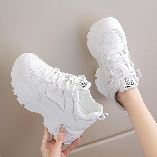 White Platform Women's Sneakers 2024 Spring Lace-Up Thick Bottom Vulcanize Shoes Woman Pu Leather Breathable Sports Shoes Ladies