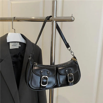 Fashion Pu Leather Women's Shoulder Bag Small Double Pocket Design Ladies Underarm Bags Y2k Vintage Female Handbags Clutch Purse PlatiNum
