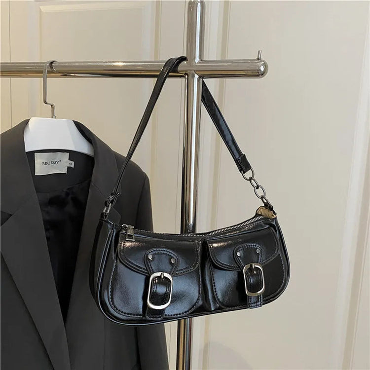 Fashion Pu Leather Women's Shoulder Bag Small Double Pocket Design Ladies Underarm Bags Y2k Vintage Female Handbags Clutch Purse PlatiNum