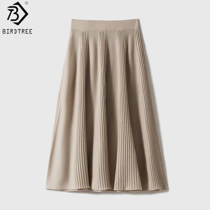 Birdtree,90% Wool 10% Cashmere Knitted Skirt For Women,Mid-Waist Casual Long Skirts,Commuting Style,2026 Spring New D61337JF PlatiNum