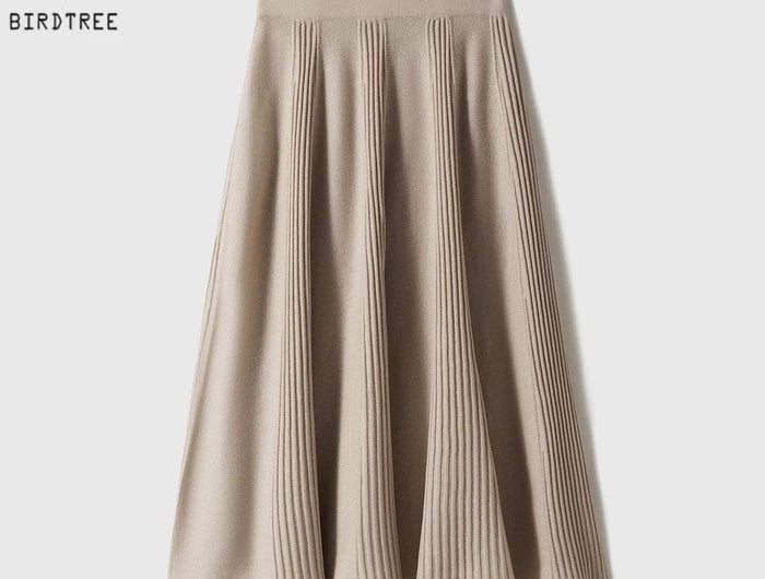 Birdtree,90% Wool 10% Cashmere Knitted Skirt For Women,Mid-Waist Casual Long Skirts,Commuting Style,2026 Spring New D61337JF PlatiNum