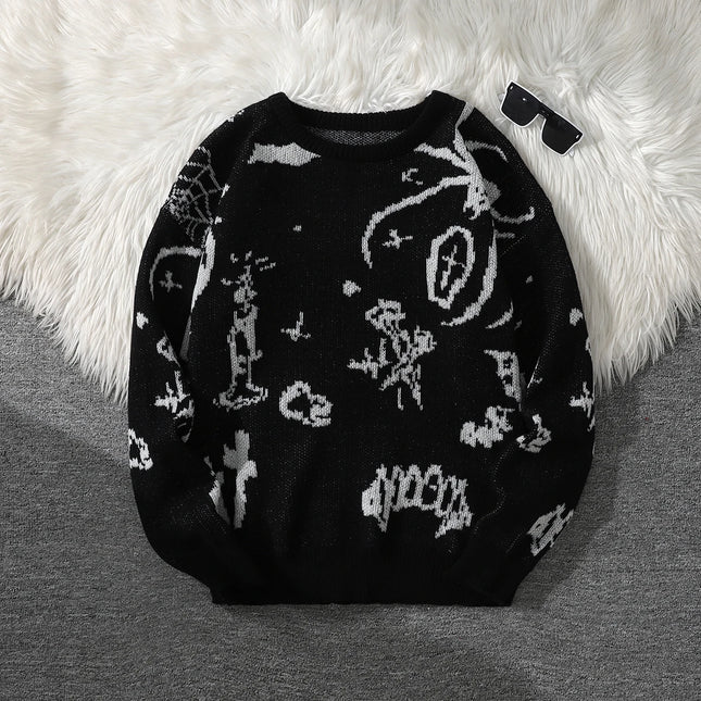 New Trendy Street Graffiti Jacquard Pattern Pullover Sweater, Casual Round-Neck Color-Block Knit Men's Pullover, Suitable for Everyday Wear, Unisex Top for Going Out, Regular Fit, Suitable for Autumn and Winter