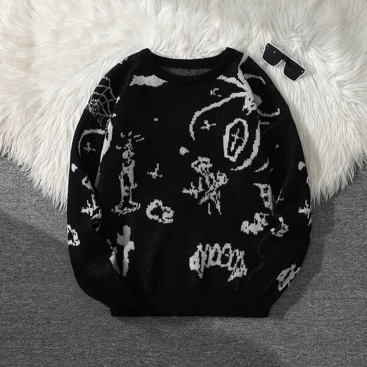 New Trendy Street Graffiti Jacquard Pattern Pullover Sweater, Casual Round-Neck Color-Block Knit Men's Pullover, Suitable for Everyday Wear, Unisex Top for Going Out, Regular Fit, Suitable for Autumn and Winter