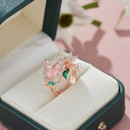 Aesthetic Flower Butterfly Rings for Female Romantic Rhinestone Stylish Non-fading Opening Ring Women Wedding Jewelry Party Gift PlatiNum