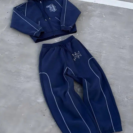 American Y2K Casual Zipper Hoodie Sweatpant Two Piece Set HipHop Oversized Embroidery Sweatshirts Men Women Casual Pants PlatiNum