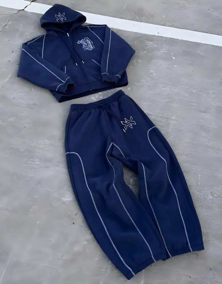 American Y2K Casual Zipper Hoodie Sweatpant Two Piece Set HipHop Oversized Embroidery Sweatshirts Men Women Casual Pants PlatiNum
