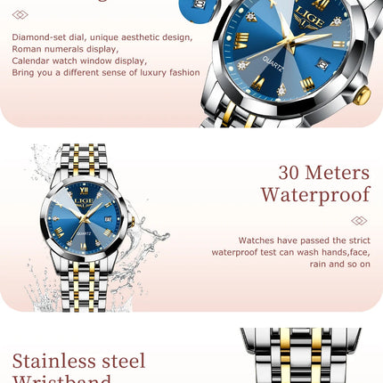 LIGE Orologio al Quarzo di Lusso per Donna, Elegante Bracciale Luminoso e Impermeabile, Regalo Ideale platinumshop