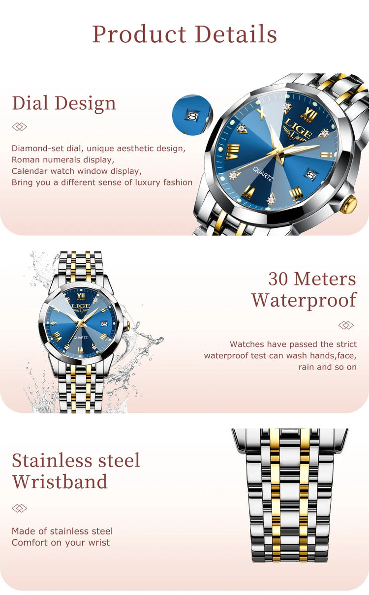 LIGE Orologio al Quarzo di Lusso per Donna, Elegante Bracciale Luminoso e Impermeabile, Regalo Ideale platinumshop