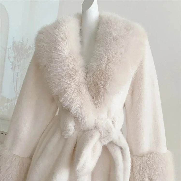 Winter Luxury Women Faux Furs Jackets Coats With Belt Elegant Waist Hugging Slimming Fur Big Collar Thickened Warm Outerwear