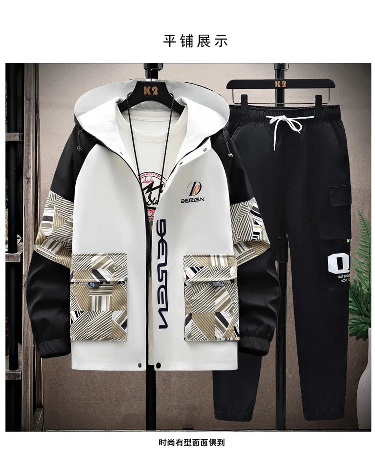 Spring Autumn New Men Casual Sets Mens Hooded Tracksuit Sportswear Jackets+Pants 2 Piece Set Hip Hop Running Sports Suit