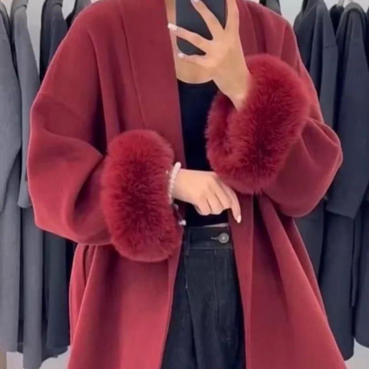 Women Grey Fur Splicing Woolen Coat Casual Belt Full Sleeve Lapel Loose Cardigan Outwear 2025 Lady Winter New Highstreet Jacket