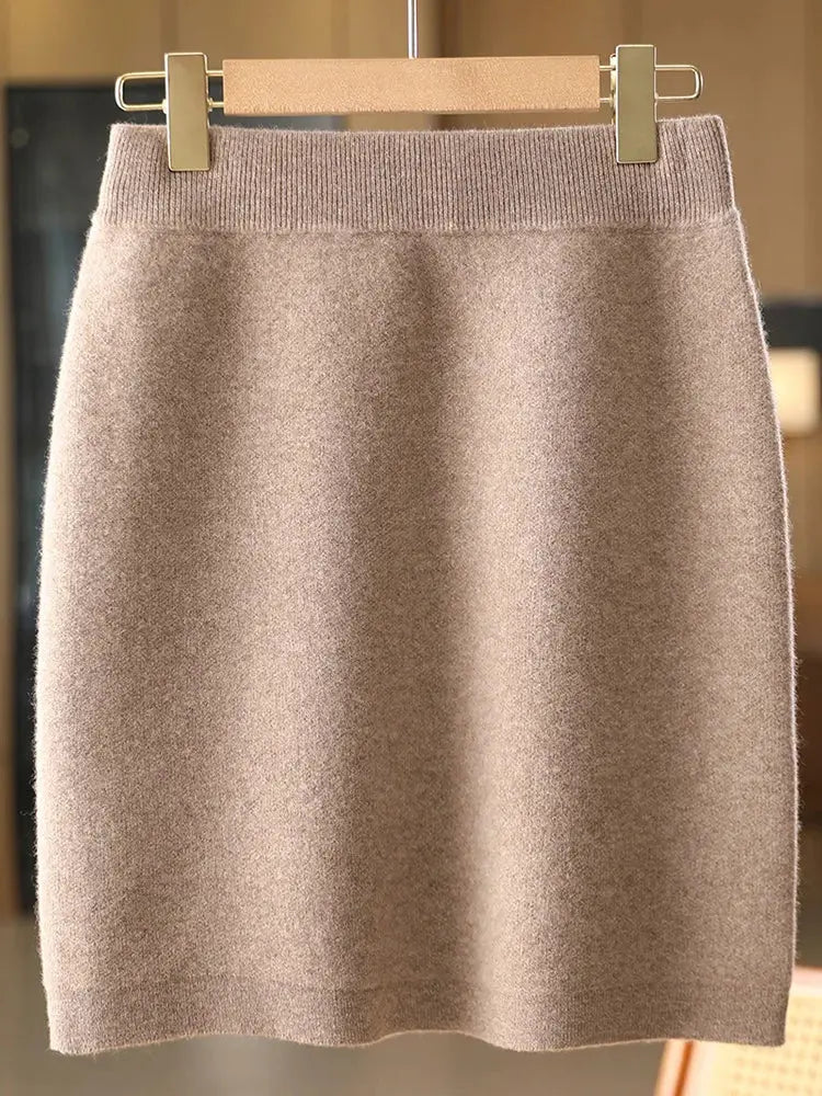 Autumn Winter Women Wool Skirt Elastic Waist Mini Slim Fit Cashmere Skirts 100% Merino Wool Knitted Office Lady Above Knee Dress PlatiNum