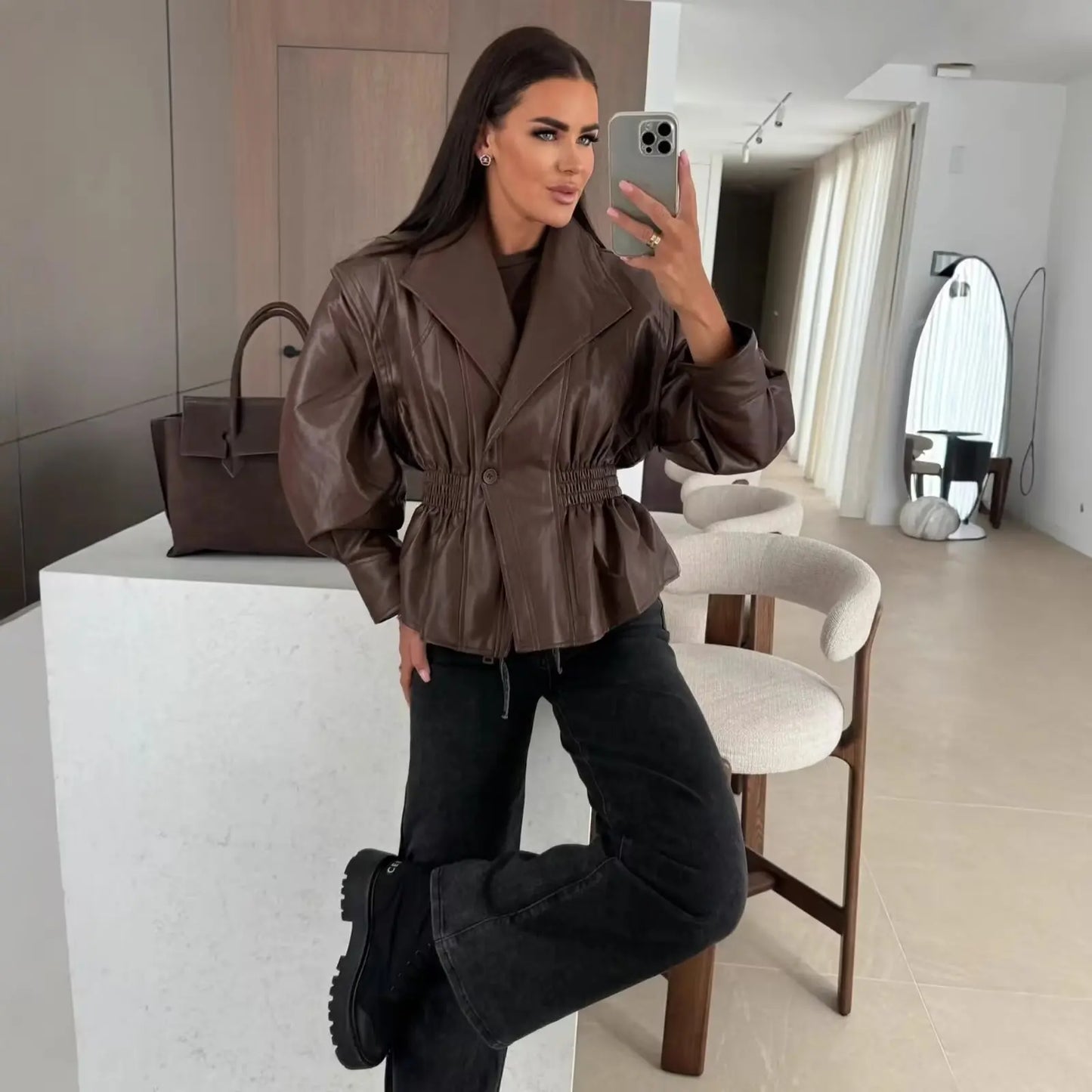 Vintage Elastic Waist Cinching Brwon Leather Jacket Women Casual Lapel Zipper Pu Coat Lady Autumn Outdoors Highstreet Outwear