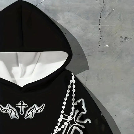Gothic Cross Graffiti Hoodie Men Women Black Chain Rose Print Casual Pullover Hooded Sweatshirt Hip Hop Sport Streetwear Tops