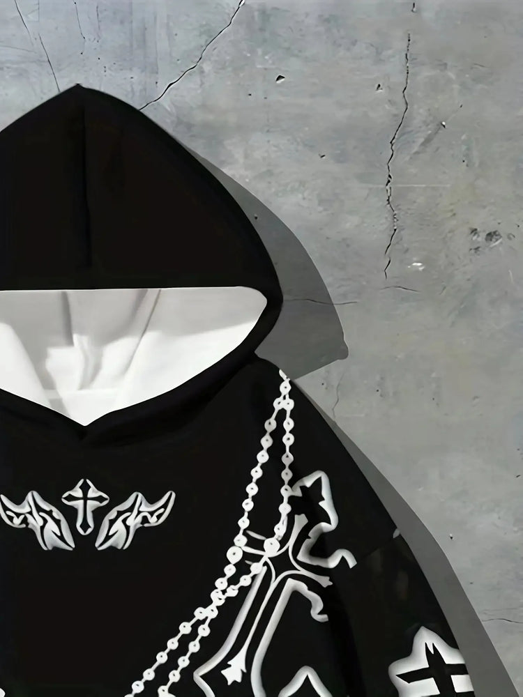 Gothic Cross Graffiti Hoodie Men Women Black Chain Rose Print Casual Pullover Hooded Sweatshirt Hip Hop Sport Streetwear Tops