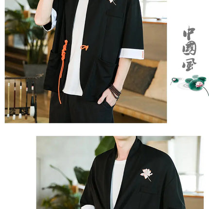 Nuova Camicia Giapponese da Samurai Ricamata in Cotone e Lino da Uomo, Vestibilità Ampia, Stile Retrò Tradizionale, Casual, Traspirante, Confortevole ed Elegante