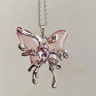 Y2K Sweet Cool Liquid Pink Butterfly Pendant Necklace Female Pink Zircon Water Drop Versatile Necklace Summer New Jewelry PlatiNum