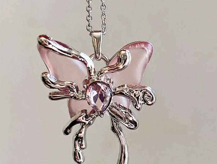 Y2K Sweet Cool Liquid Pink Butterfly Pendant Necklace Female Pink Zircon Water Drop Versatile Necklace Summer New Jewelry PlatiNum
