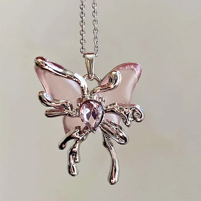 Y2K Sweet Cool Liquid Pink Butterfly Pendant Necklace Female Pink Zircon Water Drop Versatile Necklace Summer New Jewelry PlatiNum