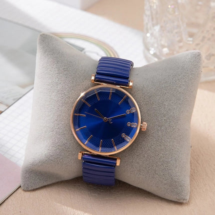 Orologio al quarzo da donna in cristallo semplice blu tesoro di lusso Orologio casual con cinturino elasticizzato in acciaio inossidabile Orologio da donna alla moda platinumshop