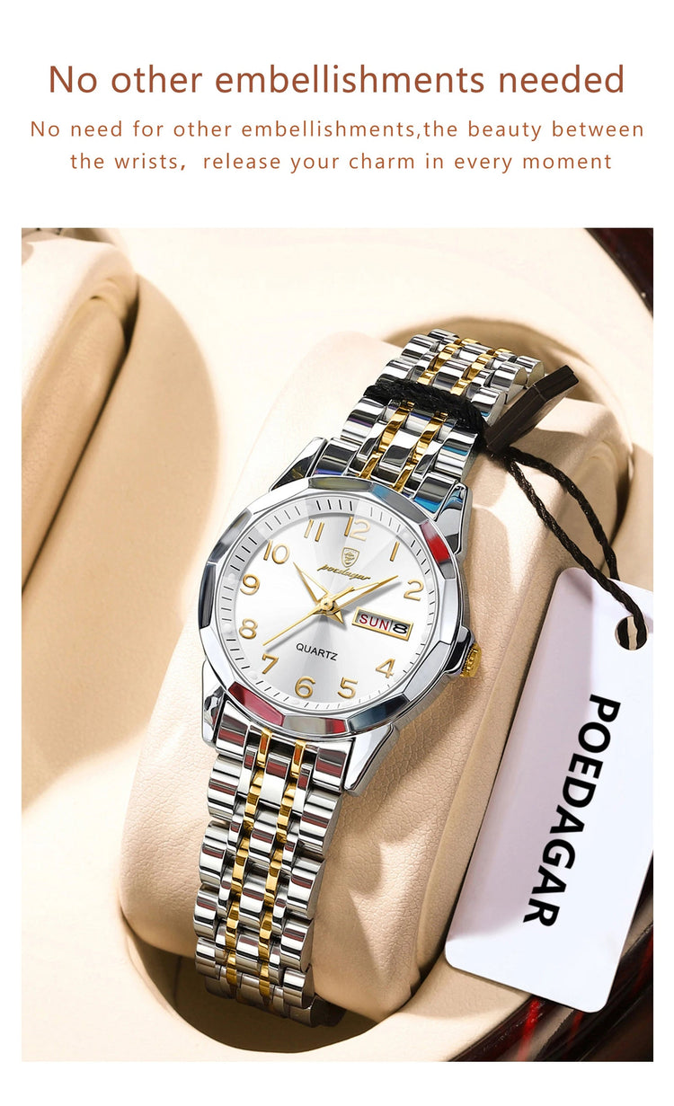 POEDAGAR elegante orologio da polso da donna al quarzo impermeabile luminoso data settimana orologio da donna orologi da donna casual in acciaio inossidabile reloj platinumshop