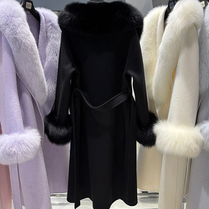 YOLOAgain Women's 100% Wool Coat Long With Detachable Real Fox Fur Collar 2025 Autumn Elegant Double-Sided Wool Coat