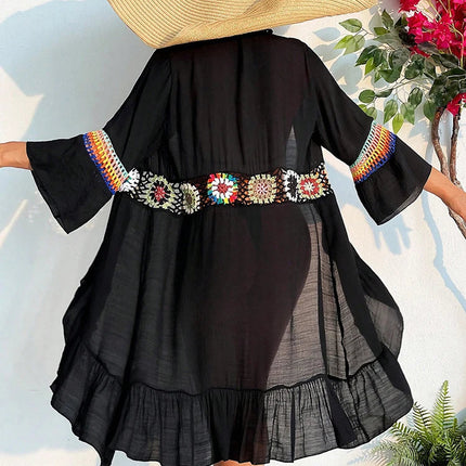 Costume da bagno estivo bohémien lavorato a maglia con fiori Kimono Cardigan con volant sull'orlo Copricostume con scollo a V Costume da bagno copricostume floreale all'uncinetto platinumshop