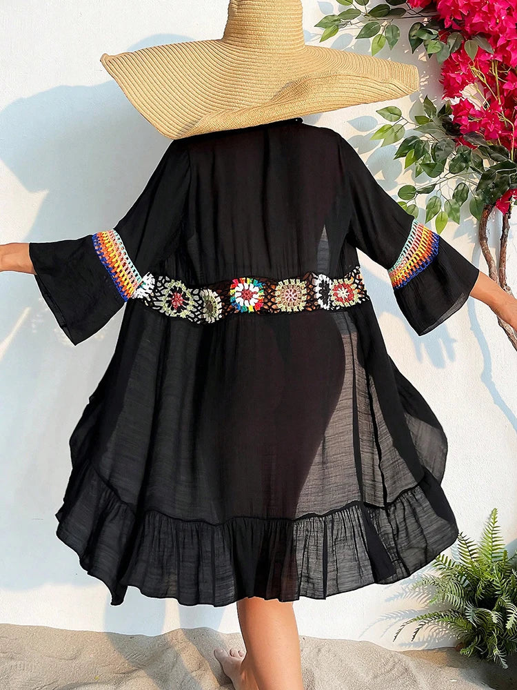 Costume da bagno estivo bohémien lavorato a maglia con fiori Kimono Cardigan con volant sull'orlo Copricostume con scollo a V Costume da bagno copricostume floreale all'uncinetto platinumshop