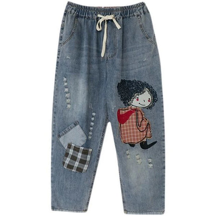 Primavera nuova corea moda Patch disegni cartone animato ricamo Jeans larghi da donna vita elastica pantaloni Casual in Denim di cotone Harem V987
