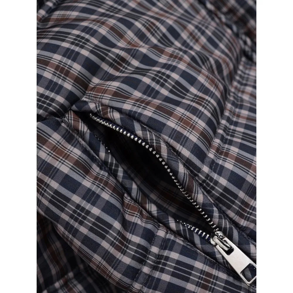 Elegant Chic Women Plaid Puffer Anorak with Adjustable Hem High Neck and Long Sleeves Zippered Coats Winter Brown Padded Jackets