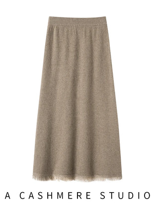 Women Cashmere A-Line Tassel Skirt High Waist Office Lady Retro Autumn Winter 100% Cashmere Knitwear Graceful Regular Fit Dress