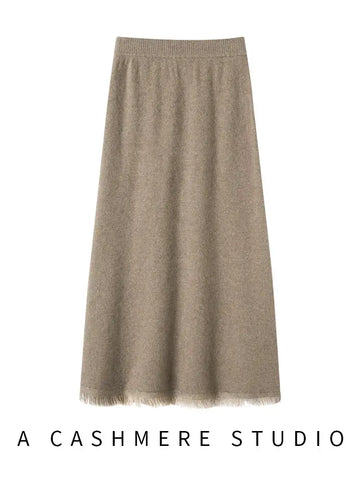 Women Cashmere A-Line Tassel Skirt High Waist Office Lady Retro Autumn Winter 100% Cashmere Knitwear Graceful Regular Fit Dress PlatiNum