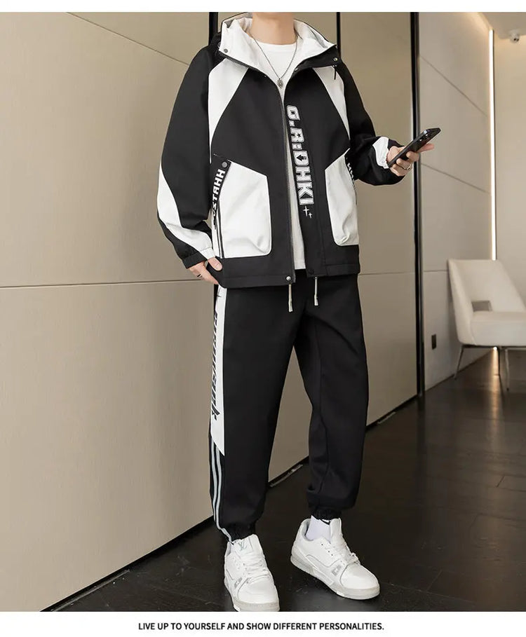 Casual 2-Piece Men's Sets Spring Autumn Streetwear Hooded Jackets & Jogger Tracksuits Outdoor Coats And Drawstring Pant Clothing
