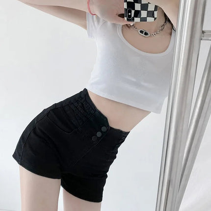 Women's super high waisted denim shorts for summer girls, new black A-line waist cinching slimming design, hot pants PlatiNum