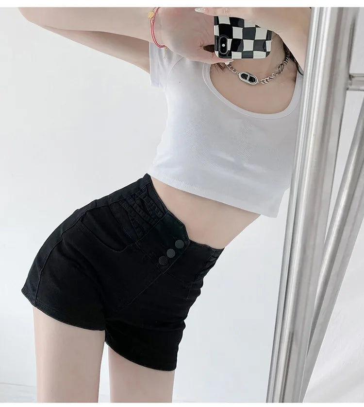 Women's super high waisted denim shorts for summer girls, new black A-line waist cinching slimming design, hot pants PlatiNum
