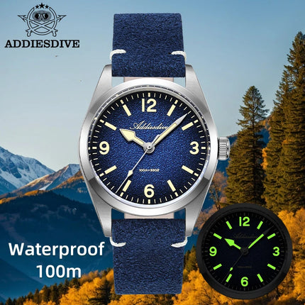 ADDIESDIVE NEW Luxury Quartz Men's 36mm Watch AD2544 Sapphire Crystal 100M Waterproof C3 Retro Luminous Leather Strap Wristwatch
