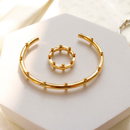 Set di gioielli di lusso Bracciale rigido in acciaio inossidabile Anello da dito Orecchini a cerchio con mini sfere per regali di gioielli di moda da donna platinumshop